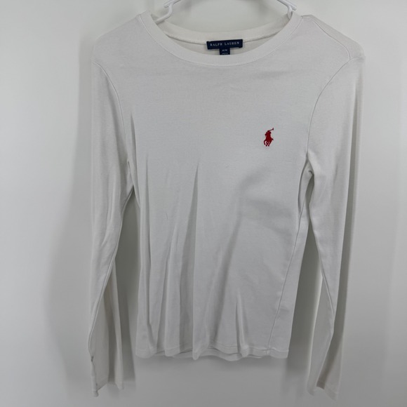 Ralph Lauren Tops - Ralph Lauren Womens White Ribbed Long Sleeve Crew Neck Pony Logo Top Size Medium